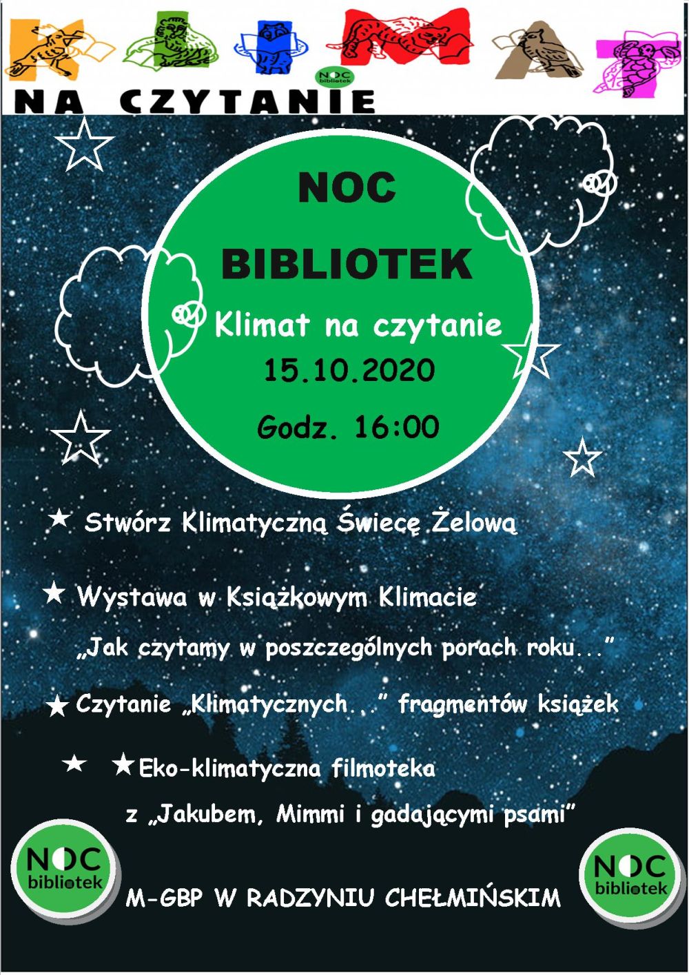 Plakat z informacją o nocy bibliotek która odbędzie się 15 października 2020 roku
